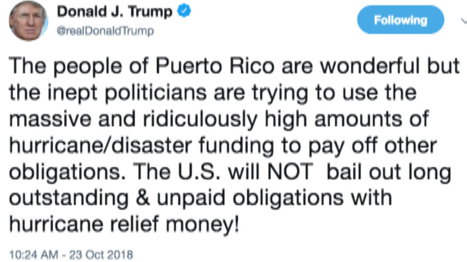 Hasil gambar untuk Trump Falsely Claims Puerto Rico Wants to Use Aid to Pay Its Debt